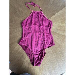 Afriel & Tabbris One Piece Swimsuit US 12 Halter Burgundy Embroidered Trim